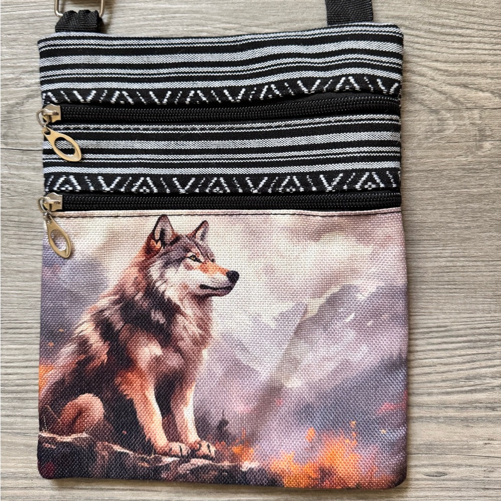 Crossbody Wolf Adjustable Strap 2 Zip Shoulder Bag Nature Tribal Spirit Animal